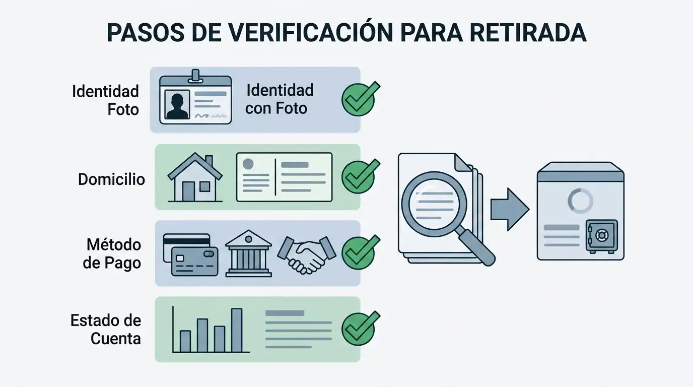 Ilustración editorial de una lista de comprobación KYC con identidad, domicilio, método de pago y estado de cuenta