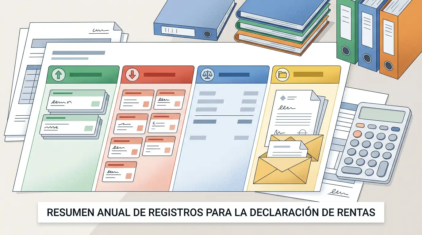 Ilustración educativa de un registro anual de ganancias, pérdidas, depósitos y retiradas para preparar el IRPF