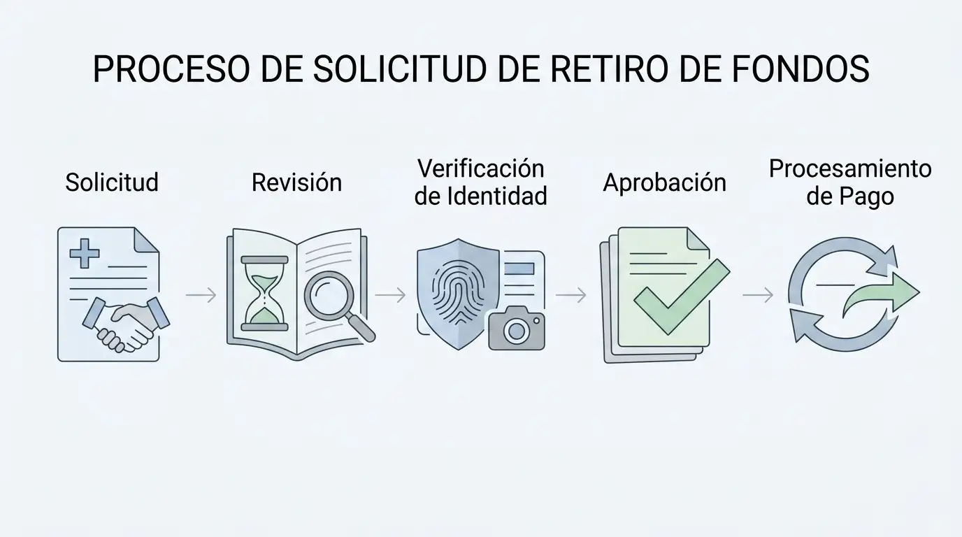 Ilustración editorial del flujo de retirada desde solicitud y revisión hasta verificación, aprobación y procesamiento