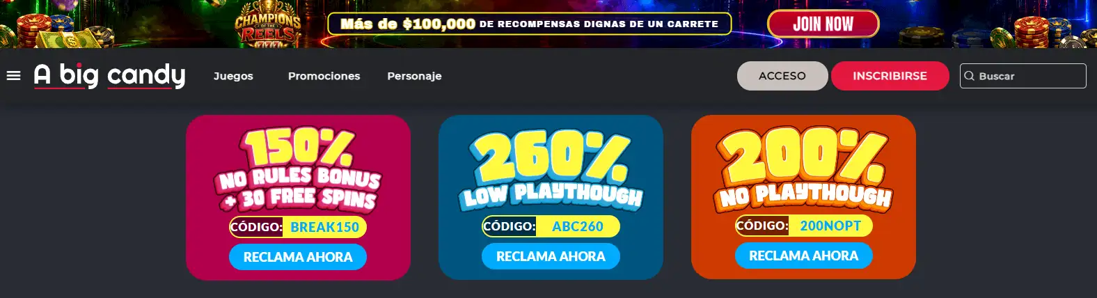 Captura requerida de la sección oficial de promociones de A Big Candy con códigos promocionales activos