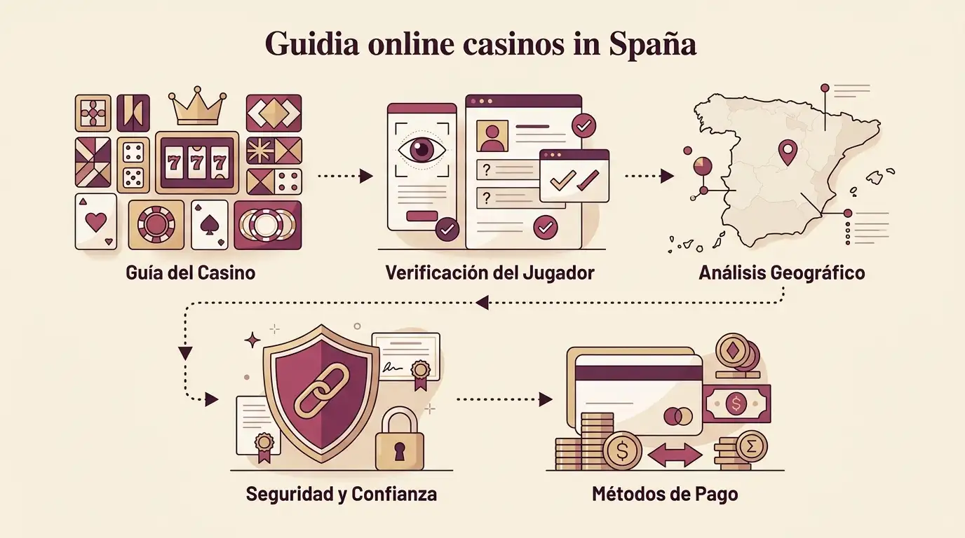 Ilustración editorial de una evaluación de casino online para España con juegos, pagos, registro y señales de confianza