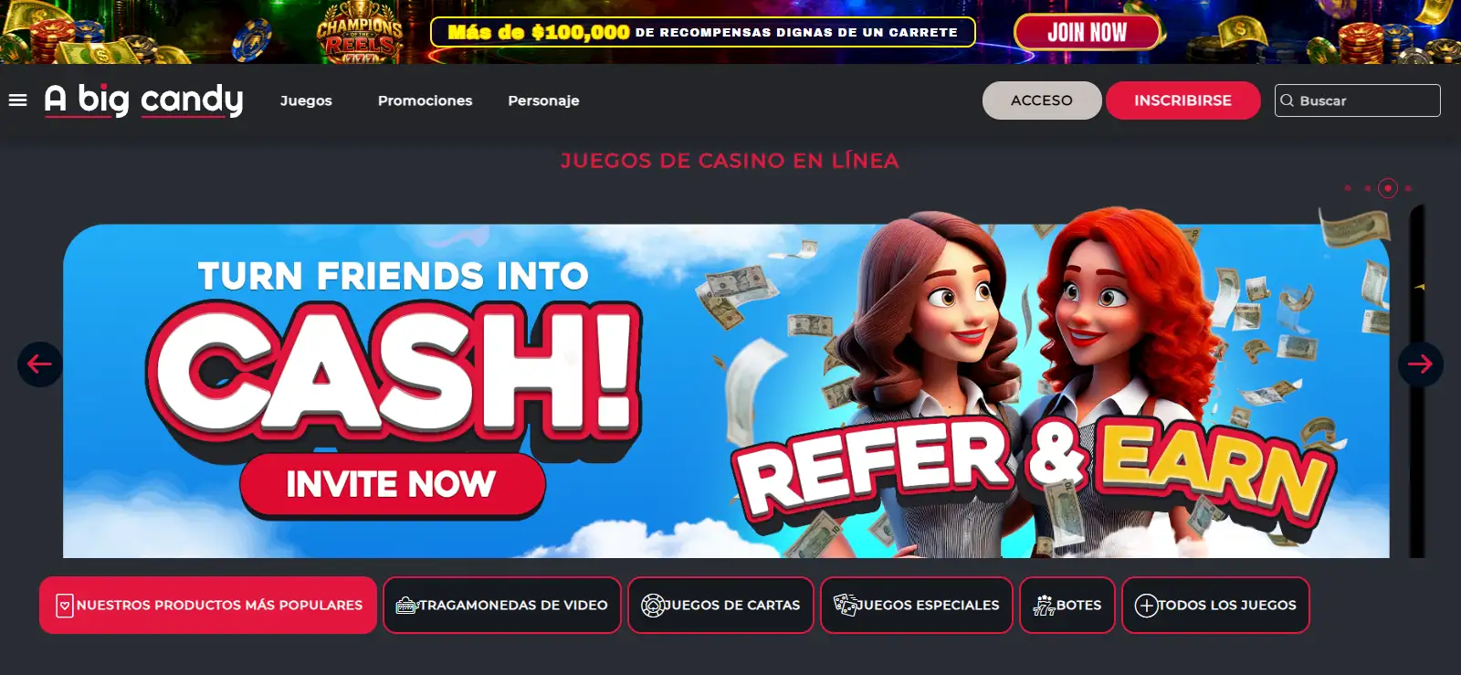 Captura real del lobby público de A Big Candy con categorías de juegos visibles