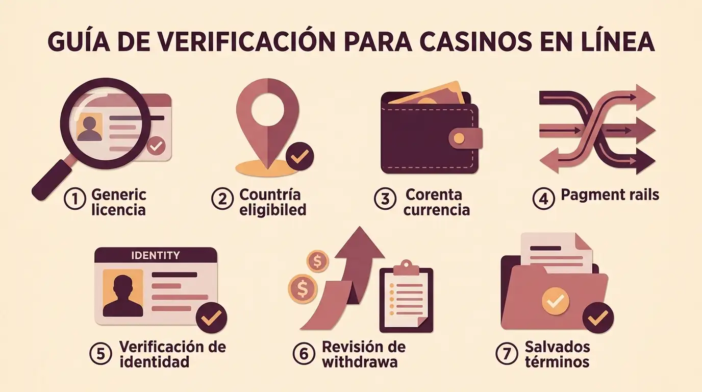 Ilustración educativa de un checklist para jugadores en España con licencia, moneda, pagos, verificación y retirada